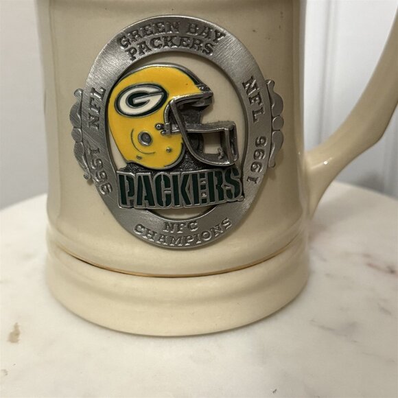Vintage Green Bay Packers 1996 NFC Champions Beer Stein Mug Glass Pewter Ceramic - Picture 2 of 8